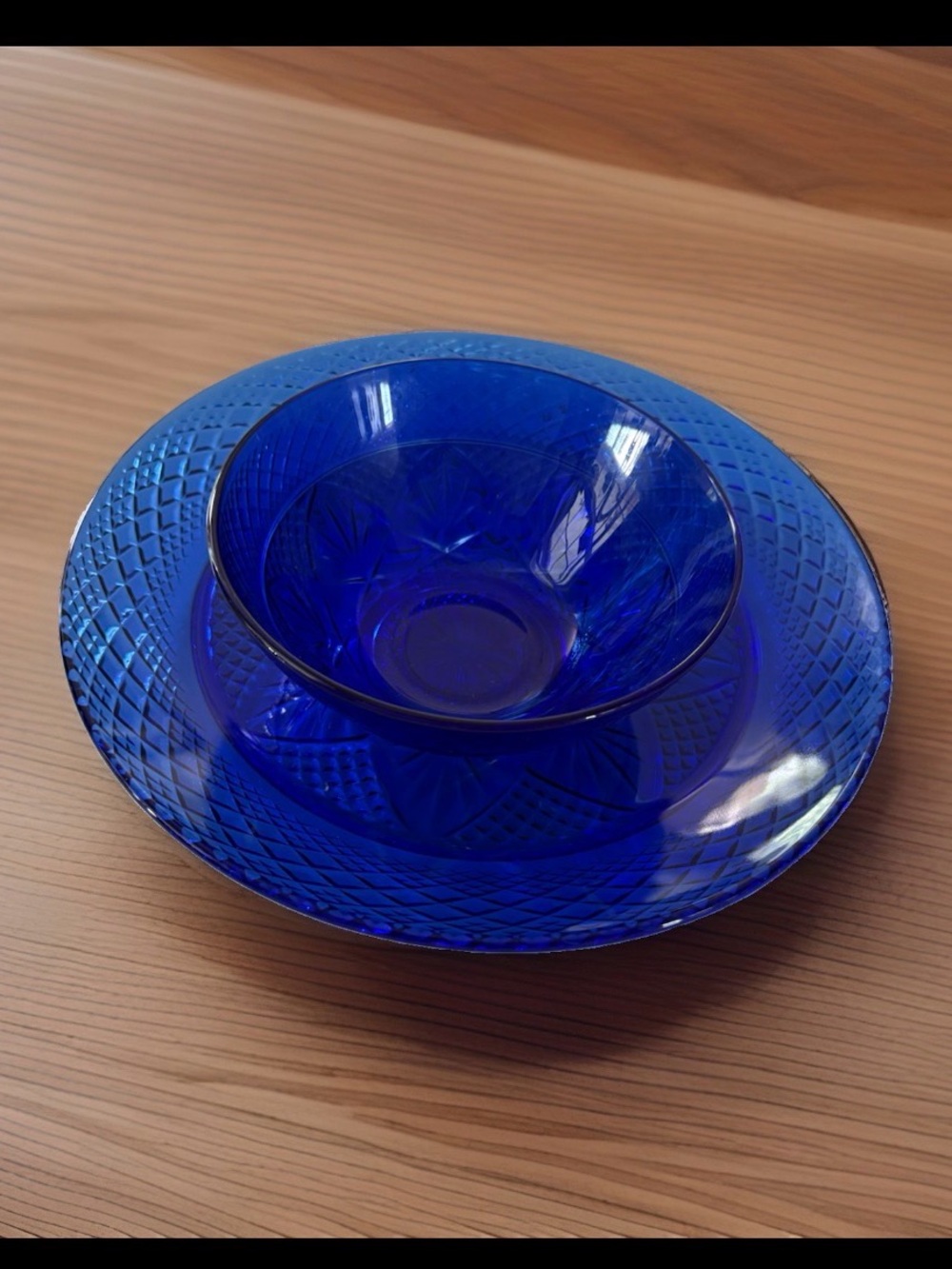 Avon Cobalt Blue Cut-Glass Bowl and Plate Set
